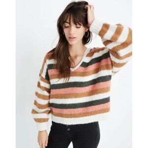 Madewell XXL Balloon Sleeve Pullover Sweater Stripe Mix Fuzzy V Neck GUC